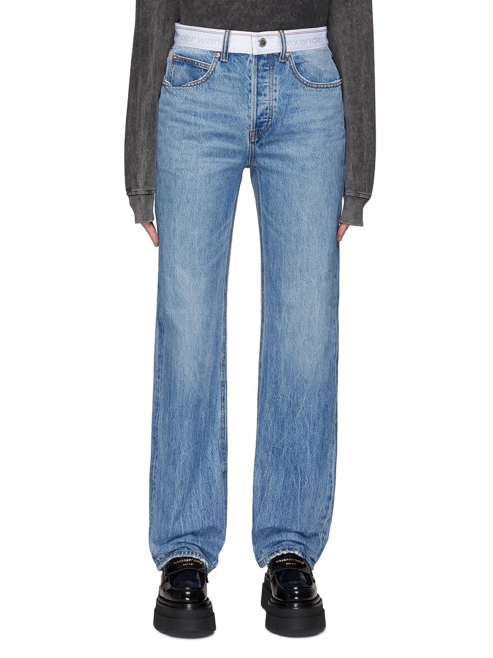 Alexander Wang Logo Waistband Straight Leg Jeans in Vintage Wash Blue Size 25